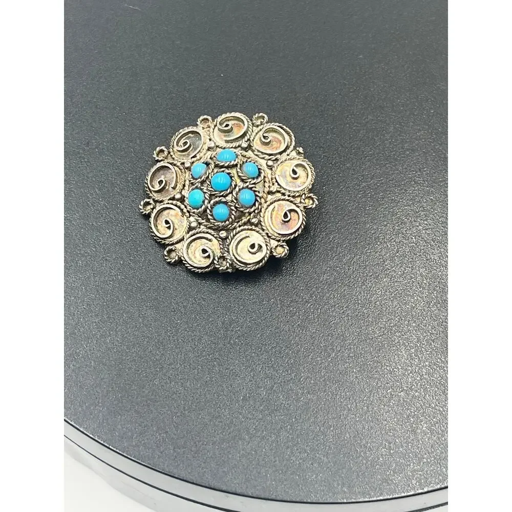 Israel Vintage 935 Argentium Sterling Filigree Turquoise Gemstone Brooch Pendant